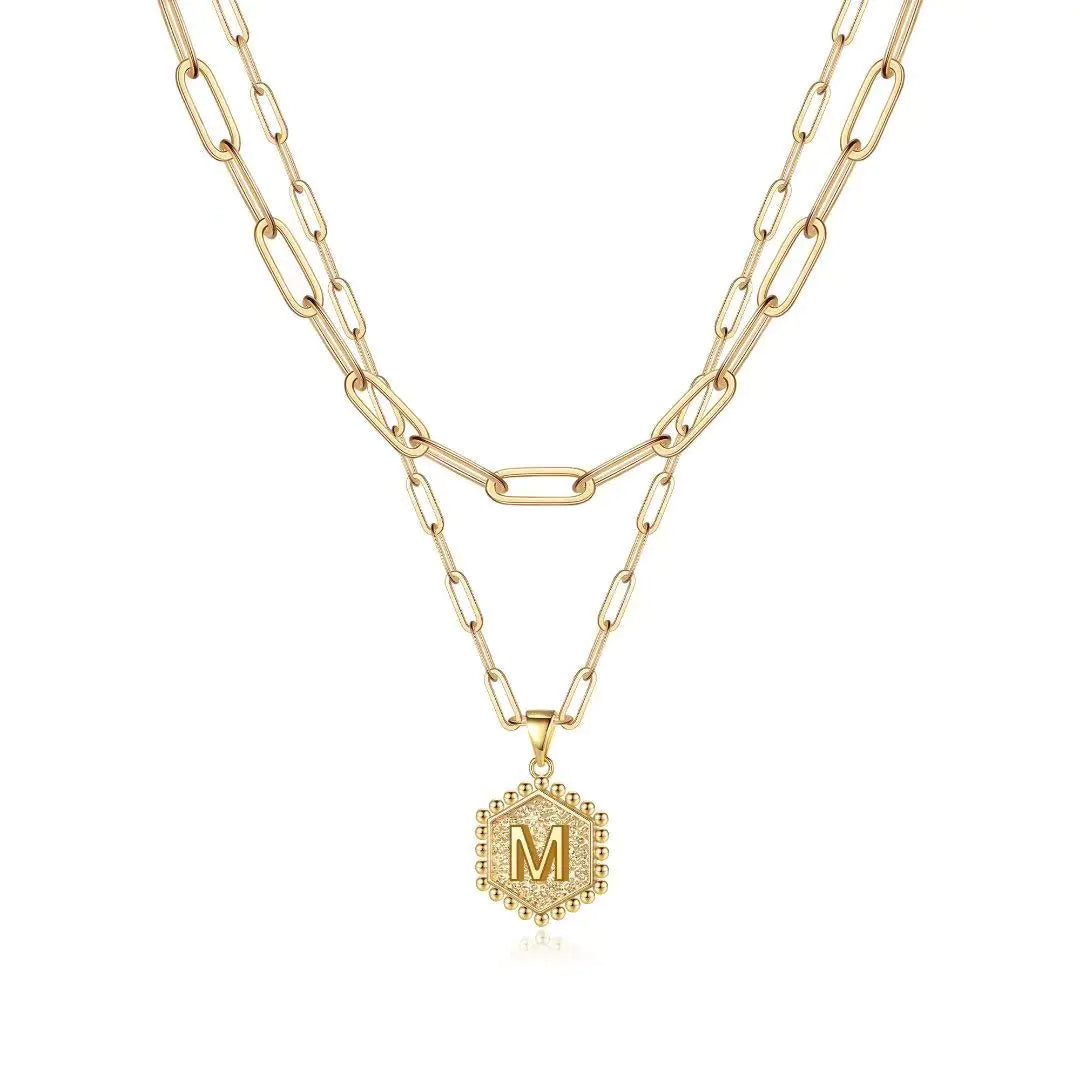 M MOOHAM Dainty Gold Necklace for Women - 14K Solid Gold Over Layering Necklaces for Women Cute Hexagon Letter Initial Necklaces for Women Gold Layered Necklaces for Women Jewelry Gifts 18 IN M