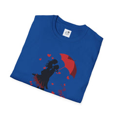 Romantic Couple Silhouette T-Shirt — Red Umbrella & Heart Confetti Valentine Tee