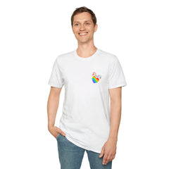 2 Sided Rainbow Pride Tee — Small Heart Chest Logo & Back Rainbow Ribbon T-Shirt