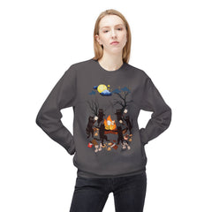 Campfire Cats Crewneck Sweatshirt — Woodland Night Cats Around a Bonfire
