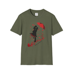 Romantic Couple Silhouette T-Shirt — Red Umbrella & Heart Confetti Valentine Tee
