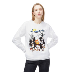 Campfire Cats Crewneck Sweatshirt — Woodland Night Cats Around a Bonfire
