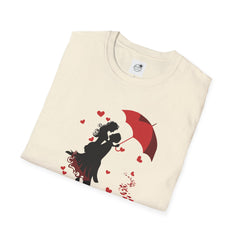 Romantic Couple Silhouette T-Shirt — Red Umbrella & Heart Confetti Valentine Tee