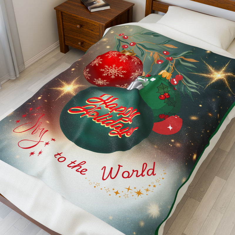 Happy Holidays Velvet Throw Blanket — Joy to the World Christmas Plush Blanket