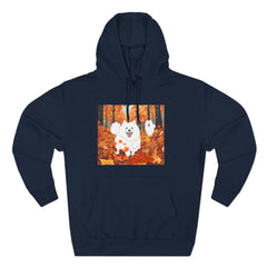 Autumn Samoyed Hoodie – Cute White Dog in Fall Leaves Fleece Pullover
