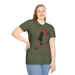 Romantic Couple Silhouette T-Shirt — Red Umbrella & Heart Confetti Valentine Tee