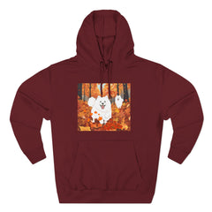 Autumn Samoyed Hoodie – Cute White Dog in Fall Leaves Fleece Pullover