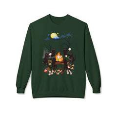 Campfire Cats Crewneck Sweatshirt — Woodland Night Cats Around a Bonfire