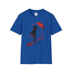 Romantic Couple Silhouette T-Shirt — Red Umbrella & Heart Confetti Valentine Tee