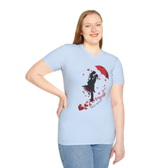 Romantic Couple Silhouette T-Shirt — Red Umbrella & Heart Confetti Valentine Tee