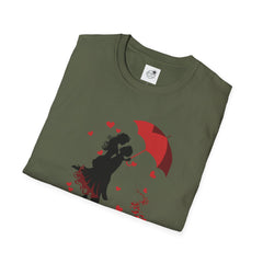 Romantic Couple Silhouette T-Shirt — Red Umbrella & Heart Confetti Valentine Tee