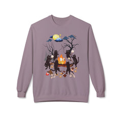 Campfire Cats Crewneck Sweatshirt — Woodland Night Cats Around a Bonfire