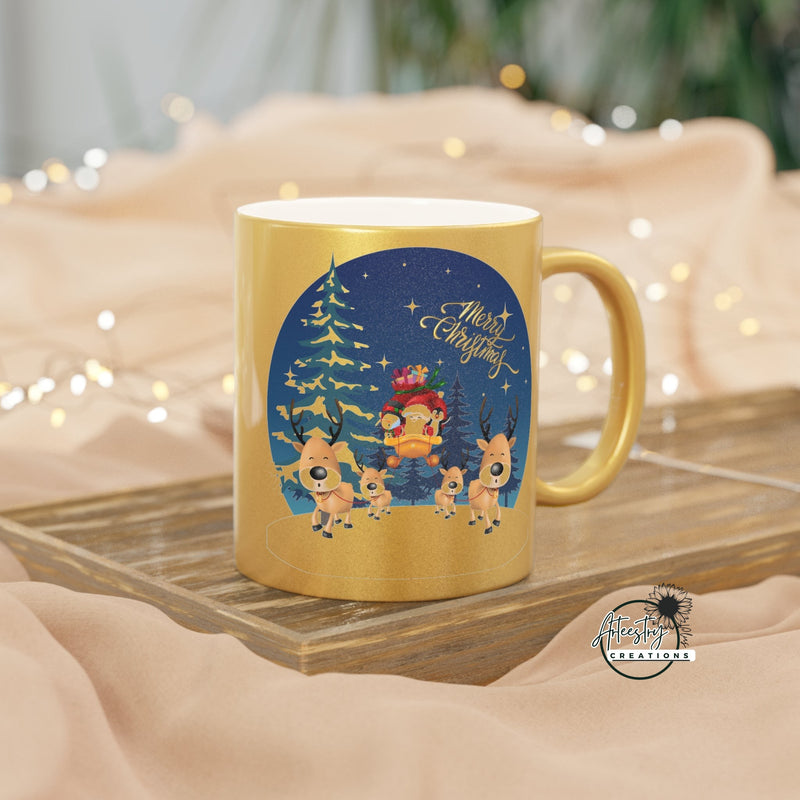 Santa and his reindeer Metallic Holiday Mug (Silver\Gold)
