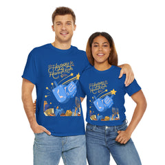 Hanukkah Blue Dreidel & Menorah Holiday Tee 2 design options