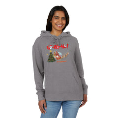 Christmas Santa Sleigh Hoodie — "Ho Ho Ho!" Off We Goooo! Holiday Sweatshirt with Tree & Reindeer