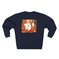 Autumn Samoyed Sweatshirt 2 sided design— Cute White Dog Fall Crewneck