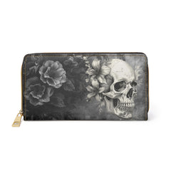 Skull & Roses Zipper Wallet — Gothic Floral Long Wallet