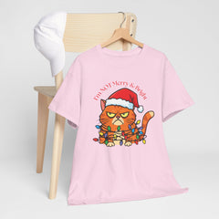 Grumpy Cat tangled in Christmas Lights T-Shirt – "I'm NOT Merry A Right!" Holiday Tee