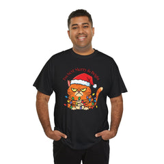 Grumpy Cat tangled in Christmas Lights T-Shirt – "I'm NOT Merry A Right!" Holiday Tee