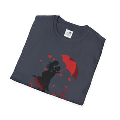 Romantic Couple Silhouette T-Shirt — Red Umbrella & Heart Confetti Valentine Tee