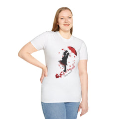 Romantic Couple Silhouette T-Shirt — Red Umbrella & Heart Confetti Valentine Tee