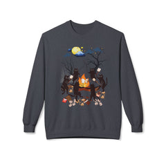 Campfire Cats Crewneck Sweatshirt — Woodland Night Cats Around a Bonfire