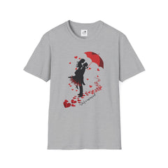 Romantic Couple Silhouette T-Shirt — Red Umbrella & Heart Confetti Valentine Tee