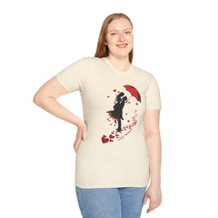 Romantic Couple Silhouette T-Shirt — Red Umbrella & Heart Confetti Valentine Tee