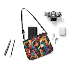 Cat Pattern Small Shoulder Bag — Colorful Abstract Cats Crossbody Purse
