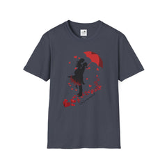 Romantic Couple Silhouette T-Shirt — Red Umbrella & Heart Confetti Valentine Tee