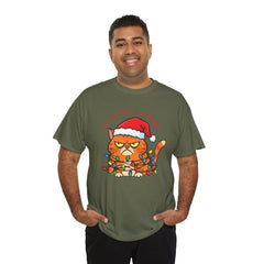 Grumpy Cat tangled in Christmas Lights T-Shirt – "I'm NOT Merry A Right!" Holiday Tee
