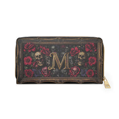 Monogram Skull & Roses Zipper Wallet — Gothic Floral Leather Wallet