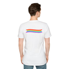 2 Sided Rainbow Pride Tee — Small Heart Chest Logo & Back Rainbow Ribbon T-Shirt