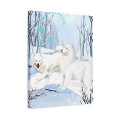 White Samoyed Winter Canvas Print — Matte Stretched Samoyed Dog Wall Art