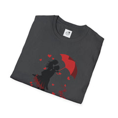 Romantic Couple Silhouette T-Shirt — Red Umbrella & Heart Confetti Valentine Tee