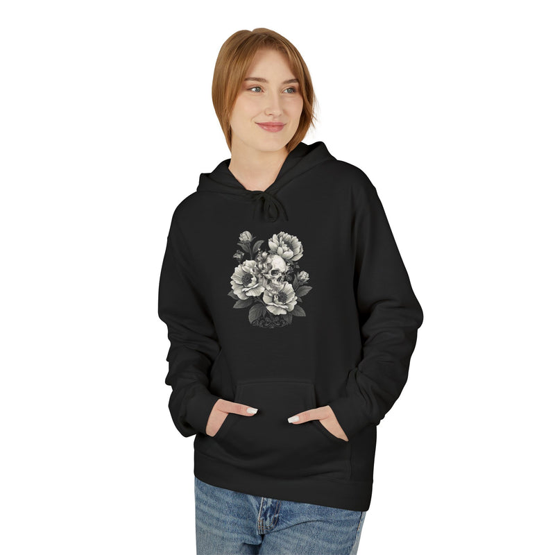 Floral Skull Hoodie — Monochrome Vintage Flower & Skull Graphic