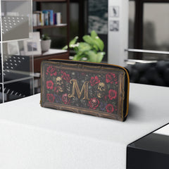 Monogram Skull & Roses Zipper Wallet — Gothic Floral Leather Wallet