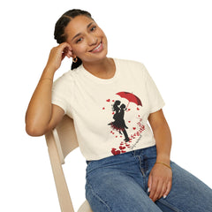Romantic Couple Silhouette T-Shirt — Red Umbrella & Heart Confetti Valentine Tee