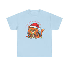 Grumpy Cat tangled in Christmas Lights T-Shirt – "I'm NOT Merry A Right!" Holiday Tee