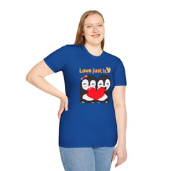 Penguin Heart T-Shirt — "Love Just Is" Cute Couples Valentine Tee