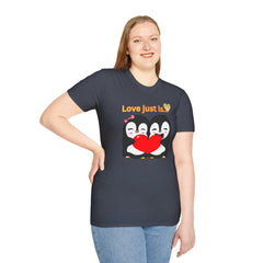 Penguin Heart T-Shirt — "Love Just Is" Cute Couples Valentine Tee