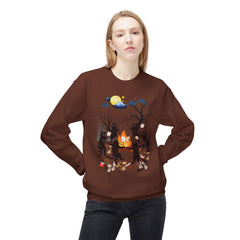 Campfire Cats Crewneck Sweatshirt — Woodland Night Cats Around a Bonfire