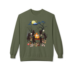 Campfire Cats Crewneck Sweatshirt — Woodland Night Cats Around a Bonfire