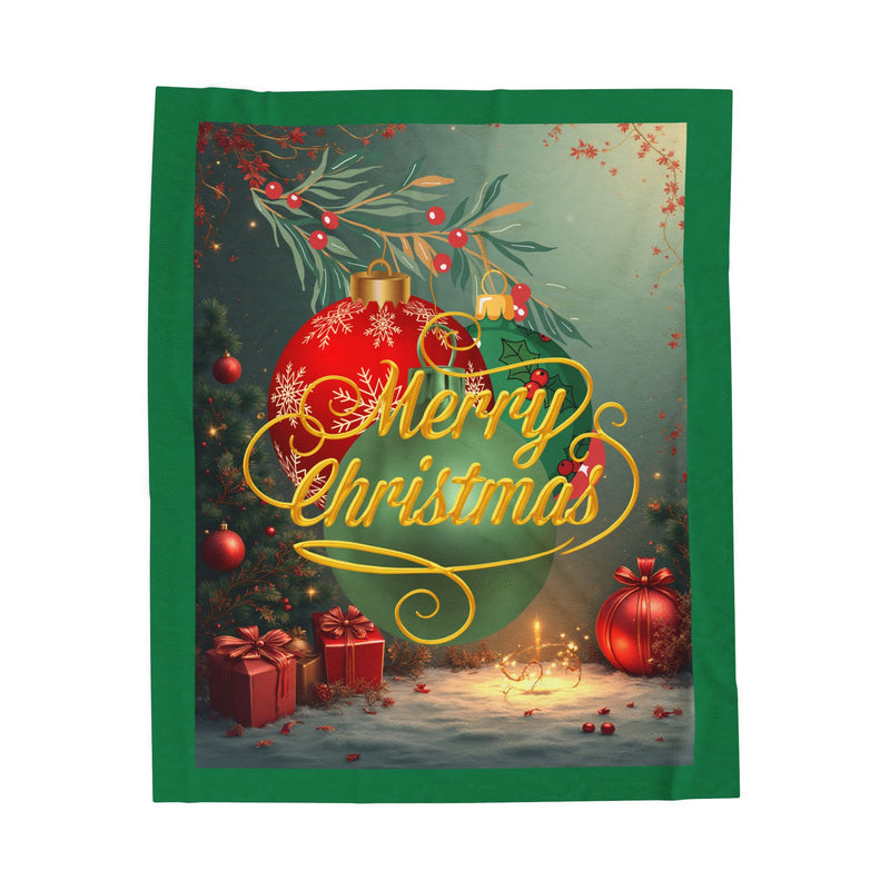 Merry Christmas Velveteen Plush Blanket — Festive Holiday Throw with Ornaments & Gifts