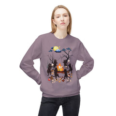 Campfire Cats Crewneck Sweatshirt — Woodland Night Cats Around a Bonfire