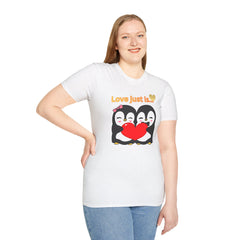 Penguin Heart T-Shirt — "Love Just Is" Cute Couples Valentine Tee