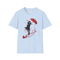 Romantic Couple Silhouette T-Shirt — Red Umbrella & Heart Confetti Valentine Tee