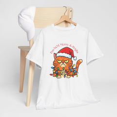 Grumpy Cat tangled in Christmas Lights T-Shirt – "I'm NOT Merry A Right!" Holiday Tee
