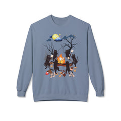 Campfire Cats Crewneck Sweatshirt — Woodland Night Cats Around a Bonfire