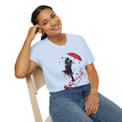 Romantic Couple Silhouette T-Shirt — Red Umbrella & Heart Confetti Valentine Tee